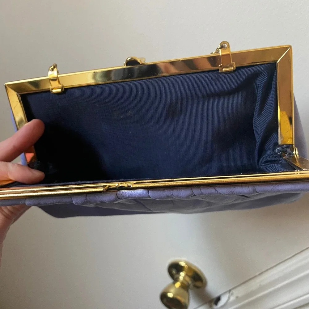 Elbief Vintage Gold Frame Periwinkle Leather Ruched Clutch Evening Bag Purse‎